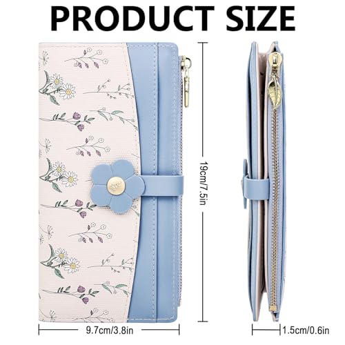 Image of Farcauo Long Floral Womens Wallet Cute Wallets for Women Blue Women's Wallet Kawaii Flower Card Wallets for Women Ladies