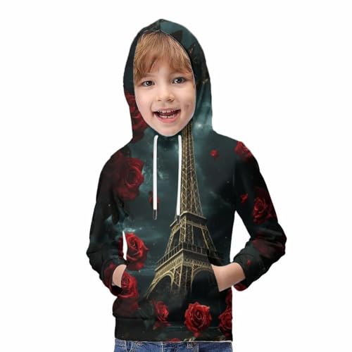 Sweat à capuche pour enfants 13-15Y : pull graphique Tour Eiffel rose effet 3D ultra doux - 5