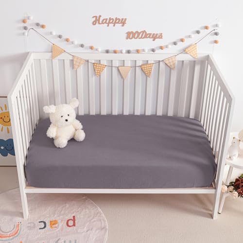 Image of NTBAY 2 Pack Muslin Cotton Crib Sheets, Soft and Breathable Double Layer 28x52 Baby Crib Sheets for Standard Crib and Toddler Mattresses, Boys, Girls, Unisex, Greyish Purple, 28x52 Inches