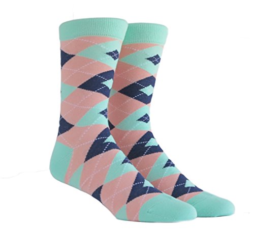 vangobeauty MEN ARGYLES SOCKS MEN DRESS SOCKS WEDDING SOCKS Coral- Mint-Navy Blue - Size 7-13 - Main Image