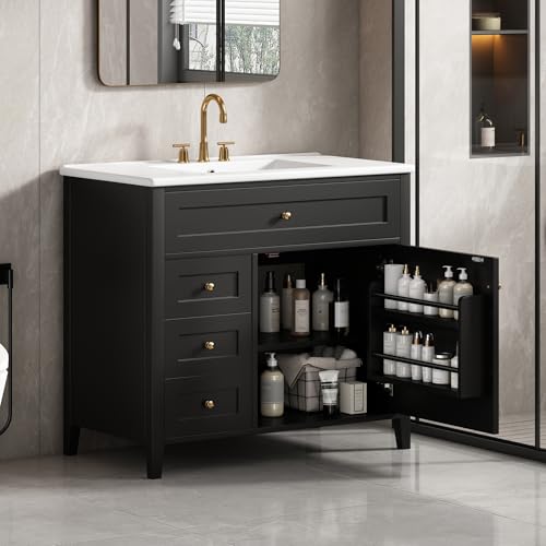 Image of 36 inch Bathroom Vanities with Top Set, Cabinet with Multi-Functional Tip-Out Drawer and Adjustable Shelf, Soft-Closing Door, Solid Wood Legs, Black