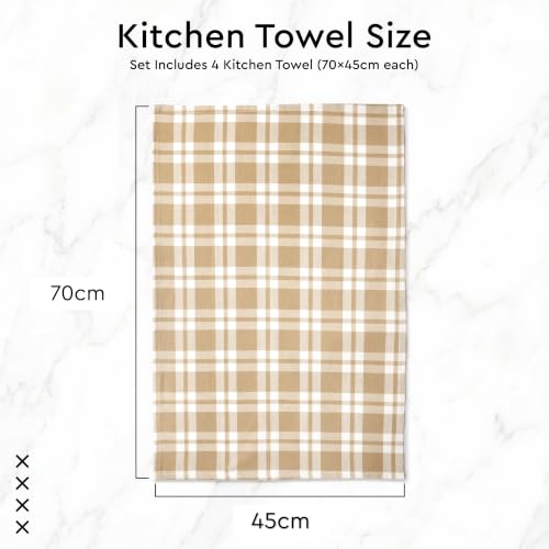 Image of Encasa XO Kitchen Towels Cotton Pack of 4 | 70x45 cm, Franca Beige Checks - Dish Cloths | Highly Absorbent Cleaning & Wiping Cloths for Kitchen | Reusable Tea Towels
