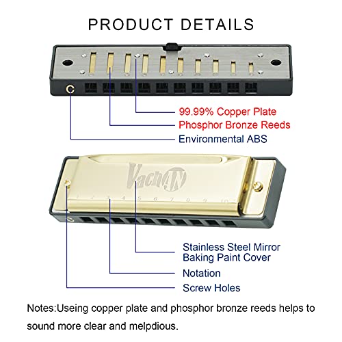 Vachan Blues Harmonica，Mouth Organ 10 Holes 20 Tones Harmonica Key Of C With Case,Diatonic Harmonica For Kids, Adults, Beginners, Professional And Students, Gold #TOP1