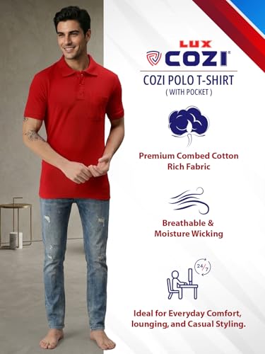 Image of Lux Cozi Men's Polo T-Shirt Regular Fit Half Sleeves with Pocket | Cotton Blend Polo Neck Collar T-Shirt for Men | Casual, Office Comfortable Breathable T-Shirt | Stylish Plain Tee