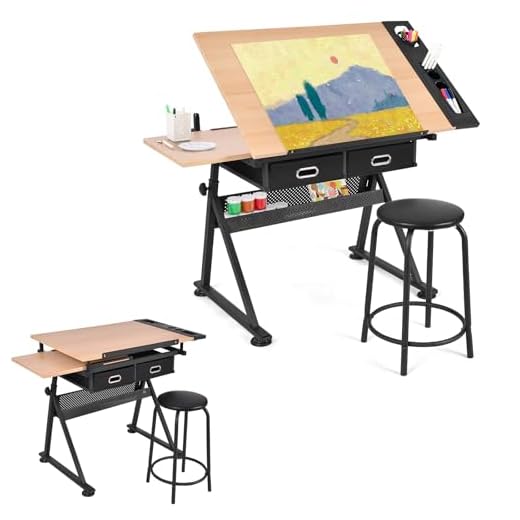 LIFEZEAL Mesa de Dibujo Regulable en Altura, 119x61,5x73,5-98 cm, Juego de Escritorio de Dibujo con Taburete para Artistas, Mesa de Arquitecto con Tablero Inclinable (Natural)