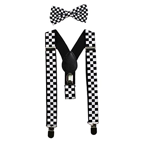 Kids Suspenders and Bow Tie Set (Elastic Adjustable) (Black and White Checker)