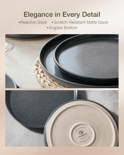 Image of Famiware Milkyway Stoneware Dinnerware Sets with Pasta Bowls, Service for 4 (16 Pieces), Reactive Glaze Plates and Bowls Sets, Microwave and Dishwasher Safe Dishes Set, Matte Dark Charcoal