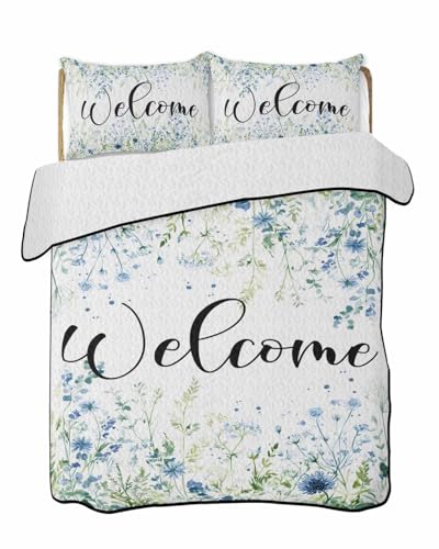 Yaiikkvbaa Quilts Queen Size Bedding Set, Watercolor Flowers Summer Quilt 3 Pieces Bedding Sets, Blue Garden Floral Farm Botanical Reversible Bedspreads Coverlets with 2 Pillow Shams for All Season
