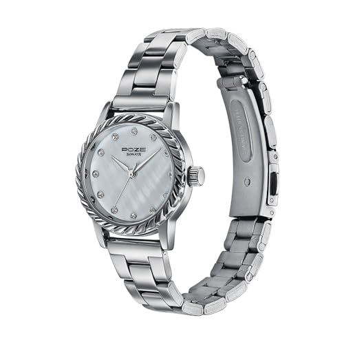 Image of Sonata Poze 8 Quartz Analog with MOP White Dial Silver Solid Link Strap Watch for Women - SP80177SM01W