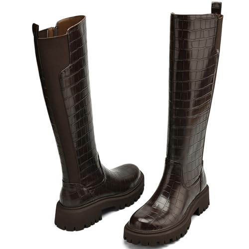 Image of TEAIEU Knee High Boots for Women, Platform Chunky Block Low Heel Tall Boots, Round Toe Side Zipper Fall Long Boots for Dress, Stretch Calf, Comfortable