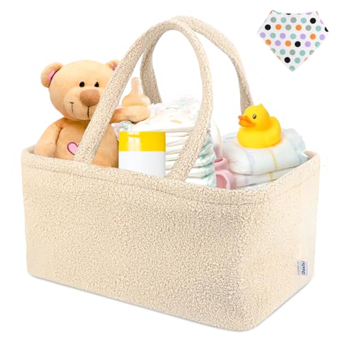 Portable Baby Nappy Caddy Organizer Bag Large Teddy Fur Diaper Basket Essentials for New Parents, Best Gift for Mum & Newborn