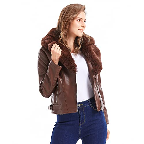 Gran Oriente Black Faux Leather Jacket For Women With Faux Fur Collar Long Sleeve Parka With Pockets Warm Winter Parka Coat With Belt Plus Size Outerwear Gk017-Black-L #TOP1