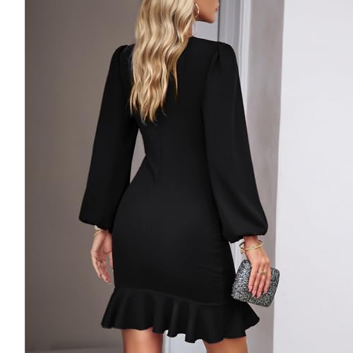 YNIQUE Women's Long Sleeves Dress 2025 Zipper Bodycon Mini Dress Ruffle Hem Round Neck Cocktail2