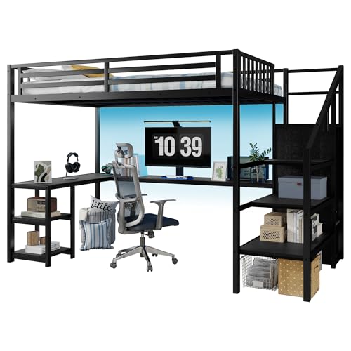 Loft Bed with Desk Full Size, Gaming Loft Bed with LED Light for Adults, Heavy-Duty Loft Beds Frame with Stairs & Wardrobe & Storage Shelves, Bunk Bed with Steps for Teens Boys Girls Room Dorm, Black