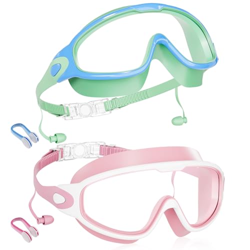 Aegend New Kids 2 Pack Wide View Swim Goggles Anti-Fog/UV No Leak Goggles with Ear Plugs Kids 3-14