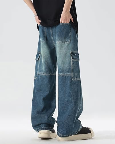 Mens Streetwear Baggy Cargo Jeans Drawstring Waist Loose Fit Hip Hop Jeans Vintage Loose Denim Pants Joggers2