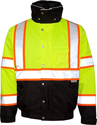 Kishigo JS119 Polyester Brilliant Series Bomber Jacket with Hidden Collar Hood, Extra Large, Lime