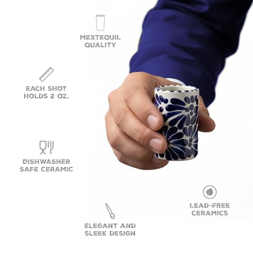 Image of Talavera Mexican Shot Glasses Set of 4 (2 oz) | Authentic Hand-Painted Ceramic Tequileros | Heavy Duty Caballitos for Tequila, Mezcal & Liquors | Blue & White Jaln Azul Floral Design