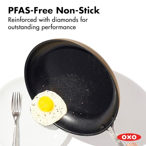 Image of OXO Enhanced 12 inch Nonstick Frying Pan Skillet, Ceramic PFAS-Free Cookware, Stainless Steel Handle, Eggs & Omelets, Dishwasher & Oven Safe, Biscuit Brown
