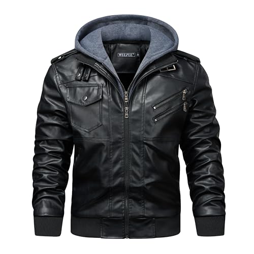 WULFUL Men's Leather Jackets, Faux Leather Jacket for Men Lapel Zip-Up Slim Fit Coat