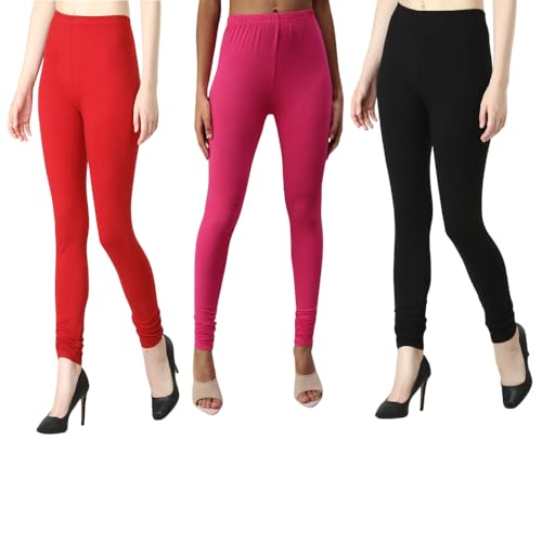 Image of Tanu Women's Cotton Leggings | Ultra-Soft, Stretchable and Comfortable | Casual Slim Fit Full Length Leggings for Women and Girls (Combo Pack of 3)