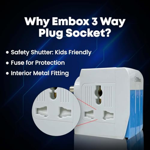 Image of EMBOX 3 Pin Multi Plug Adapter with Individual Switch 3 Pin Plug Socket Safety Shutter Spike Buster Fuse Protected Adapter 3 Way Plug Extension for Home Office Travel-5A-250V, Pack of 2 Blue