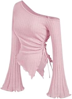 GORBETALI Letest One Side Drawasting Flared Sleeve top Neck Ruched Side Tie-Up Slim Fit Stretchy Fashion Top for Girls Price In India