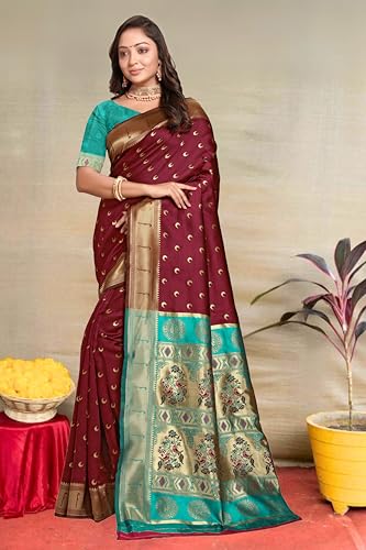 Image of C J Enterprise Women's Pure Kanjivaram Silk Saree Paithani Soft Wedding Sarees With Blouse Piece (Chand paithani)