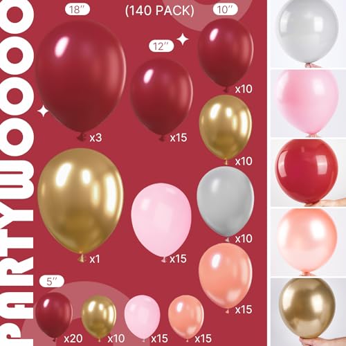 Image of PartyWoo Red Pink and Gold Balloons, 140 pcs Ruby Red Pink and Chrome Gold Balloons Different Sizes Pack of 18 Inch 12 Inch 10 Inch 5 Inch for Balloon Garland or Arch as Birthday Party Decorations