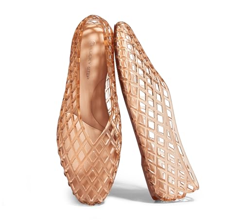 LUCKY STEP Women's Jelly Ballet Flats Mesh Casual Comfortable Jellies Shoes Clear Hollow Breathable Sandals(7 M US Beige)
