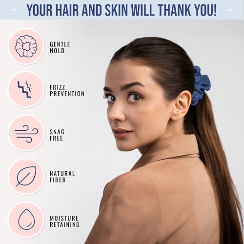 Image of Blissy Silk Scrunchies (3 Pack) - 100% Pure Mulberry Silk - 22 Momme 6A High-Grade Fibers Scrunchie for Straight & Curly Hair - Preventing Breakage, Tangling, & Creasing (Blue Skinny)