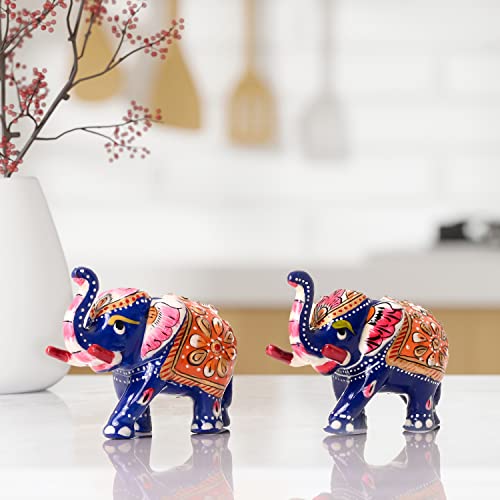 Minakari Traditional Indian Rajasthani Décor Hand Painted Festive Decoration Showpiece for Table Home Office and Gifting (Blue Elephant Set of 2)