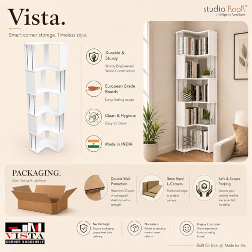 Image of Studio Kook Vista Engineered Wood Corner Bookshelf | Bookcase (Matte Finish) (Moonshine White)