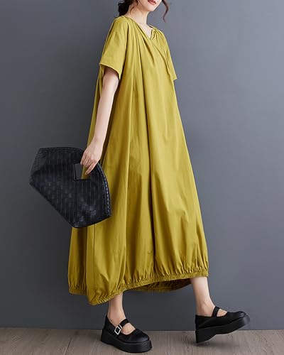 Image of ellazhu Women's Dress Short Sleeve V Neck Below Knee Solid Color Oversize Loose Casual Summer GZ236
