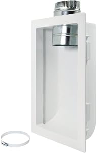 Deflect-O Dryer Venting Box 4" WHT | Includes recessed dryer vent box, crimped oval-to-4-inch round adapter, adjustable metal clamp and mounting straps