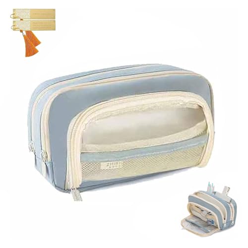 CLOUDEMO Big Capacity Pencil Case, 3 Compartments Simple Storage Aesthetic Pencil Case, Large Capacity Pencil Pouch, Kawaii Pencil Case Organizer for Women and Girls (Blue)