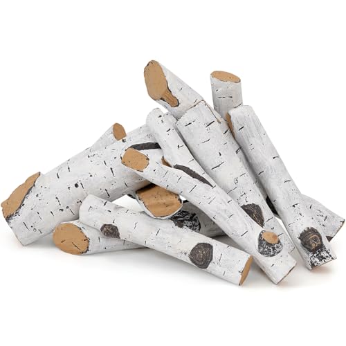 10 Pcs Gas Logs Set - White Birch Realistic Ceramic Logs for Indoor/Outdoor Gas Fire Pits, Fireplace, Ventless Faux Fireplace Wood - Lightweight Fake Logs Decor