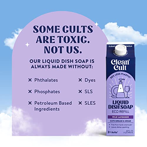 Cleancult Dish Soap Liquid Refills (32Oz, 3 Pack) - Dish Soap That Cuts Grease & Grime - Free Of Harsh Chemicals - Paper Based Eco Refill, Uses 90% Less Plastic - Wild Lavender #TOP5