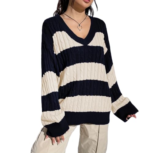 Image of Women Y2K Striped Sweater 90s Vintage Aesthetic Long Sleeve V-Neck Knit Pullover Jumper Loose Fall Sweatshirt
