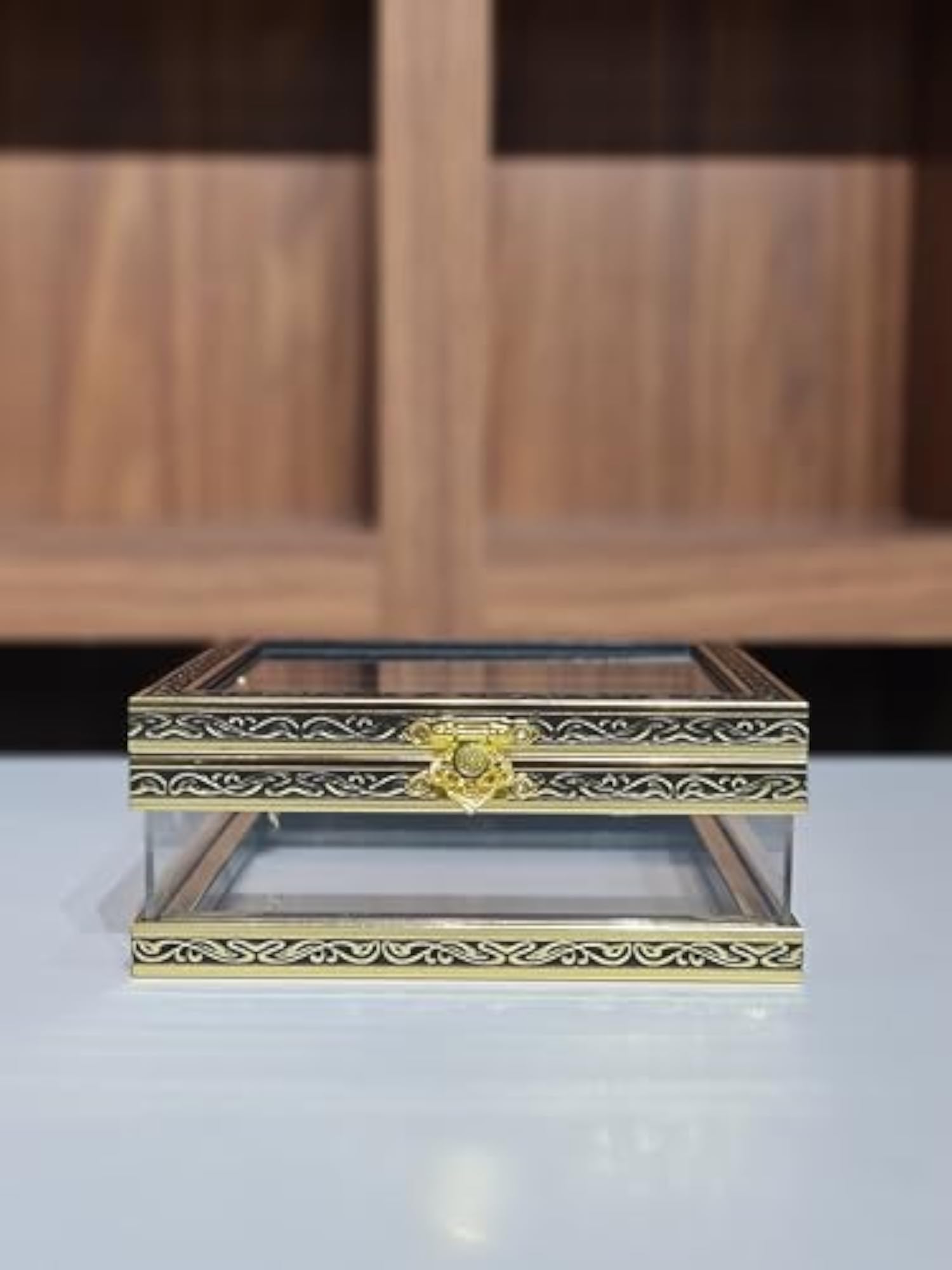 Square Acrylic Display Box with Black & Gold Metal Frame