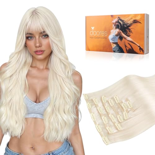 Image of DOORES Human Hair Extensions, Light Blonde Clip in Hair Extensions 20 Inch 120g 7pcs, Natural Thick Weft for Women Straight Weft Gift