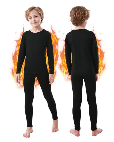PISIQI Thermal Underwear Set for Boys Long Johns Fleece Lined Set Kids Ultra Soft Base Layer Top Bottom Warm Set for Skiing Black