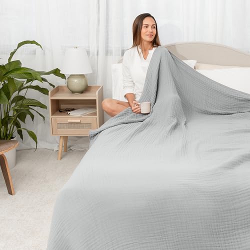 Image of Comfy Cubs Muslin Blanket for Adults King 108 inch x 90 inch - 6 Layer Soft, Breathable & Lightweight Muslin Adult Blanket - Machine Washable & Designed in The US Bedding for All Seasons -Heather Blue