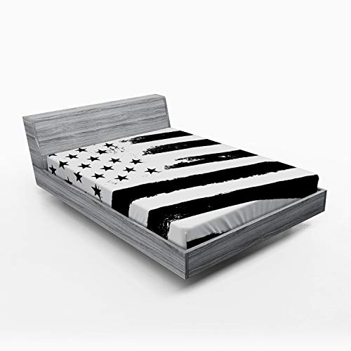 Lunarable American Flag Fitted Sheet, Monochrome Grunge Design Patriotic Brush Strokes And Stars Image, Soft Decorative Fabric Bedding All-Round Elastic Pocket, Queen Size, Charcoal #TOP5