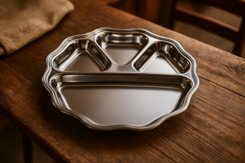 Image of Expresso - Heavy Duty Stainless Steel Round New Dinner Plate w /4 Sections Divided Mess Trays for Kids Lunch, Camping, Events & Every Day Use Kitchenware, 28cm (Pack of 5 Pcs)