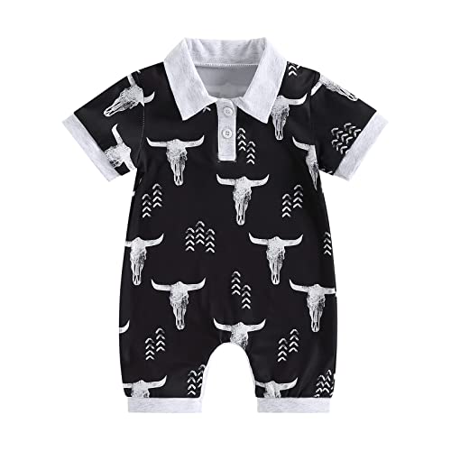 Image of Amiblvowa Cute Western Baby Boy Summer Clothes Highland Cow Print Polo Romper Shorts Jumpsuit One Piece Outfits Cowboy Country Clothing (Black Turn Down Collar, 3-6 Months)