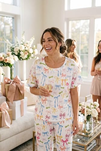 Image of Ekouaer Womens Satin Silky Pajama Set Short Sleeve Shirt with Long Pajama Pant Set Soft PJ Loungewear