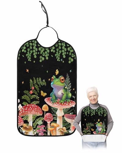 LEOKOTI Mushrooms Frog Adult Bibs for Eating, Waterproof Bibs with Food Catcher & Adjustable Snap Closure, Spring Summer Botanical Classic Black Washable Clothing Protectors Adult Bibs for Elderly