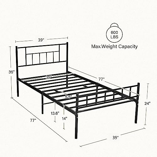 Hombck Twin Bed Frames With Headboard, Platform Bed Frame With Storage, 14 Inch Twin Bed Frames For Kids, 600Lbs Heavy Duty Steel Metal Bed Frame No Box Spring Needed, Noise Free, Black #TOP1