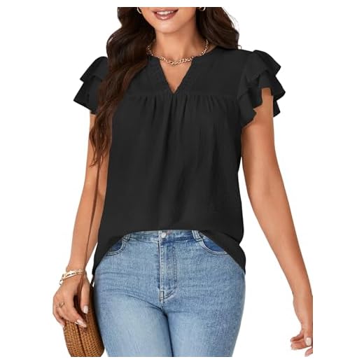 LYANER Blusa feminina de crochê com gola V entalhada, manga curta, casual, lisa, Preto, P